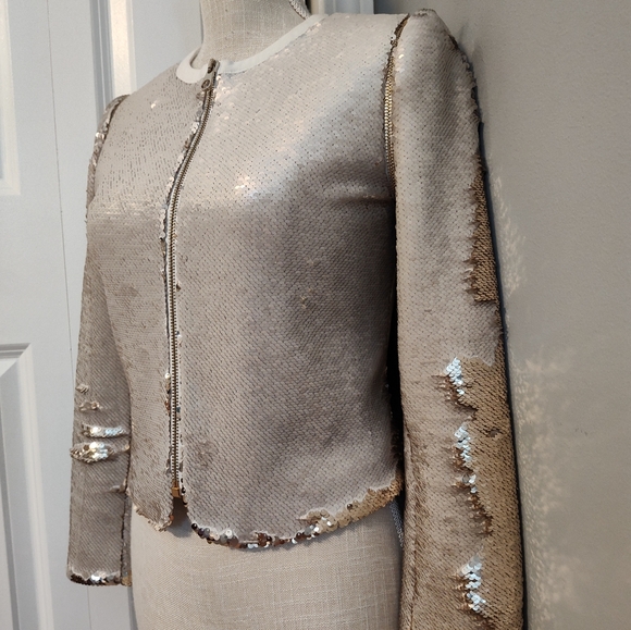 😍EUC TED BAKER LONDON Blubele Sequined Cropped Cocktail Jacket, White/Gold, 0 - Picture 4 of 15